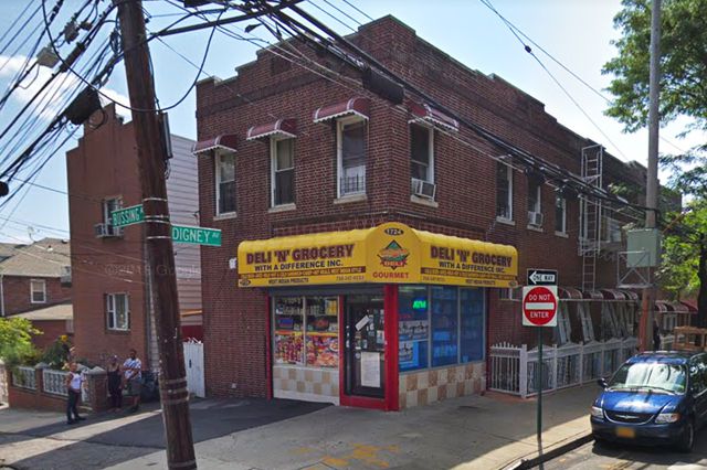 The corner of Bussing Avenue and Digney Avenue shows a deli with a yellow awning.
